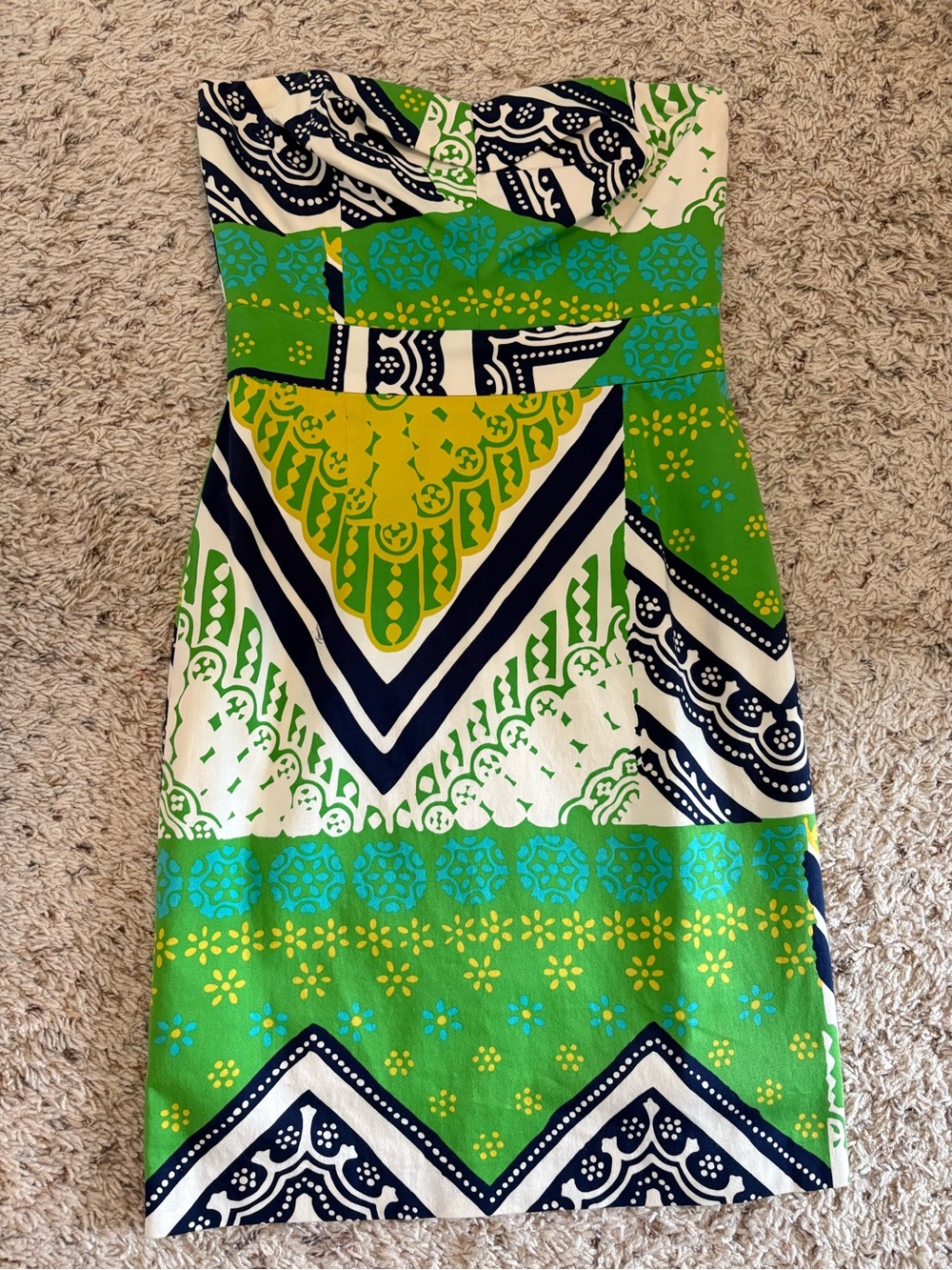 Trina Turk Strapless Sheath Fitted Cocktail Dress Green Geometric Print, Size 0